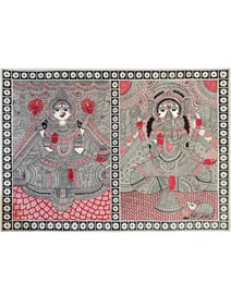 Seated Goddess Lakshmi And Lord Ganesh | Acrylic On Handmade Paper | By Priti Dalwadi