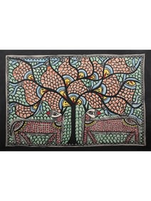A Glimpse into Madhubani's Rich Tapestry  This exquisite Madhubani painting, "Village Scene,"