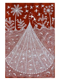 A Harvest Under the Sun God: A Warli Masterpiece  This captivating Warli painting, crafted by the