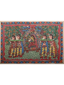 A Glimpse into Krishna's Leela  This exquisite Madhubani painting, "Krishna Leela," transports you