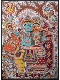 A Vibrant Depiction of the Divine Rasa Lila  This breathtaking Madhubani painting, "Krishna Ras