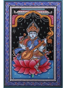 Introducing the Divine Saraswati: A Pattachitra Masterpiece  This exquisite Pattachitra painting