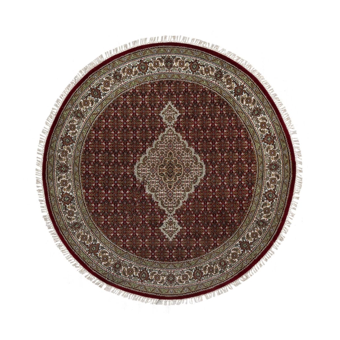 Red Tabriz Mahi with Fish Design Pure Wool Hand Knotted Round Rug: Title: Red Tabriz Mahi with Fish Design Pure Wool Hand Knotted Round Rug Description: This is a truly genuine one-of-a-kind. It has been Knotted for months and months in the centuries-old weaving craf