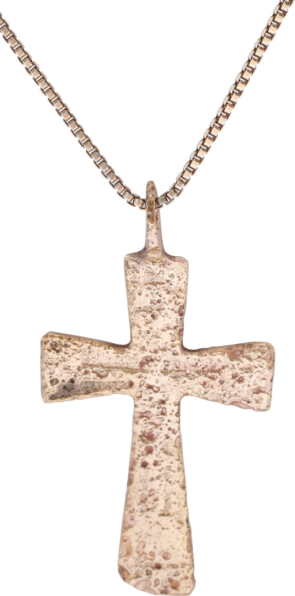 MEDIEVAL EUROPEAN CROSS, 16TH -17TH CENTURY: Gilt bronze, about 1 1/4” (1.24”) total height. The cross beam above center. The beams flared toward the ends, a remnant of the Jerusalem cross. The front with a smaller vacant cross of. T