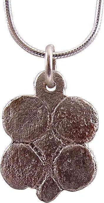 FRENCH QUATRAFOIL PENDANT NECKLACE C.1500: Silvered bronze. Classic form with a small bottom finial. Over 3/4" height. possibly representing the four-leaf clover, though the popularity of that mutation evidently started somewhat later. Profess