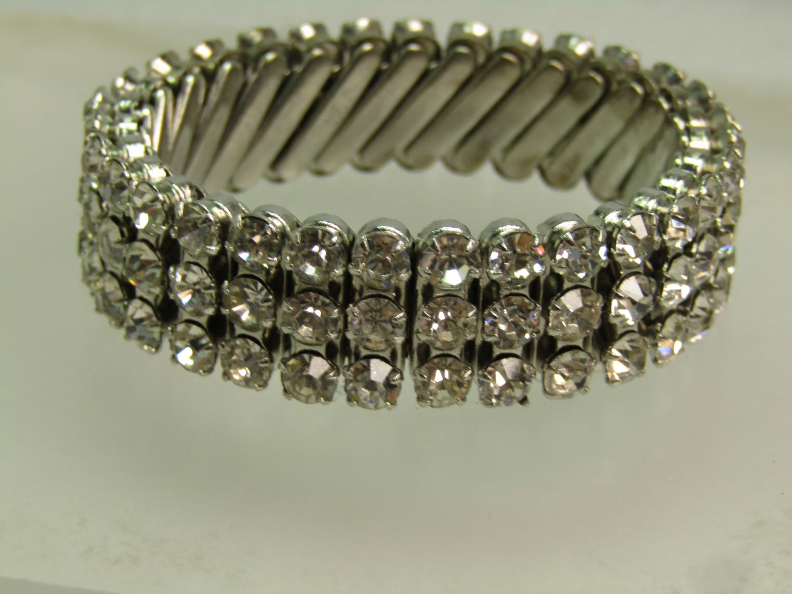 Vintage Japan Triple Rhinestone Row Bracelet, Expanding, 1950's-1960's (1 of 6)