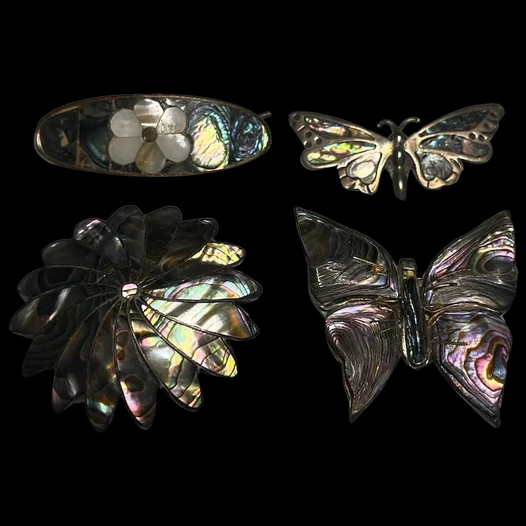 Vintage Sterling Silver Abalone Barrette and Brooches: Title: Vintage Sterling Silver Abalone Barrette and Brooches Description: Vintage Sterling Silver Abalone Barrette and Brooches Sterling Silver Weighs 33.6 grams Date/Period: vintage Materials: Sterli