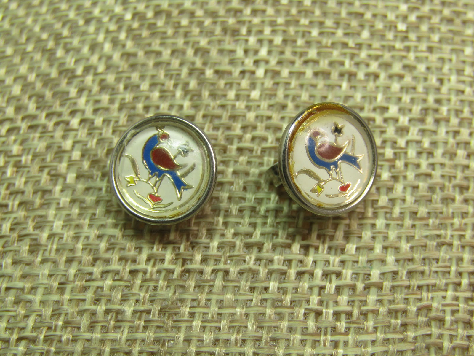 Vintage Sterling Hex/Distelfink Earrings, Stud Pierced, Signed Hoffman, 1960's-1970's: Vintage Sterling Hex/Distelfink Earrings, Stud Pierced, Signed Hoffman, 1960's-1970's. PA Dutch Distelfink, set in sterling closed back stud earrings with sterling posts - the clutches are not sterlin