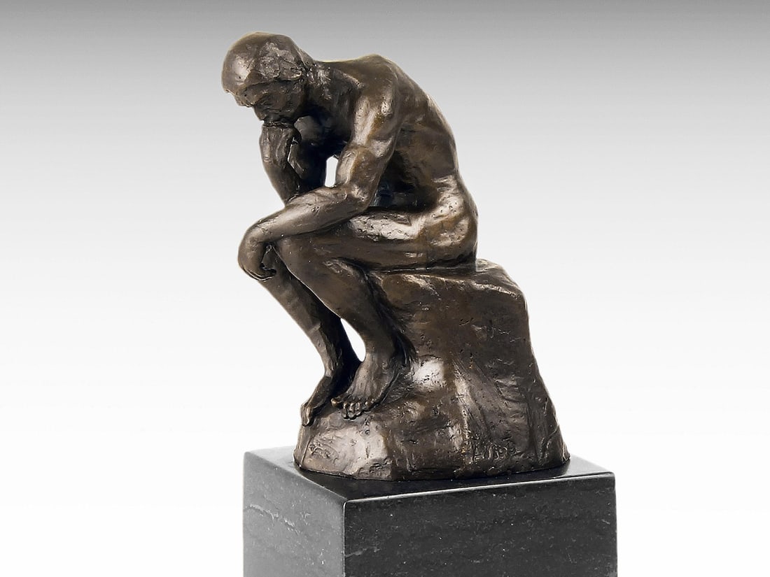 Bronze Sculpture of The Thinker Statue Marble Base, Solid Bronze Statue Figurine Art, Designed by: Description: Bronze Sculpture of The Thinker Statue Marble Base, Solid Bronze Statue Figurine Art, Designed by Auguste Rodin Premium Housewarming Gift. Measurement: Height: 19 cm (7.5") Condition: ver