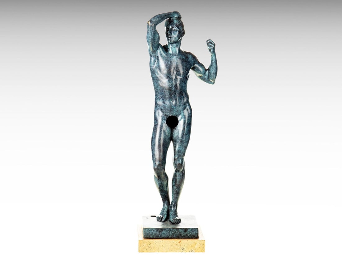Large The Age of Bronze Statue Design by Rodin, Patinated Bronze Sculpture on Marble Base, French: Description: Large The Age of Bronze Statue Design by Rodin, Patinated Bronze Sculpture on Marble Base, French Antique Decor Figurine Housewarming Gift. Measurement: Height: 54 cm (21.25") Length: 17