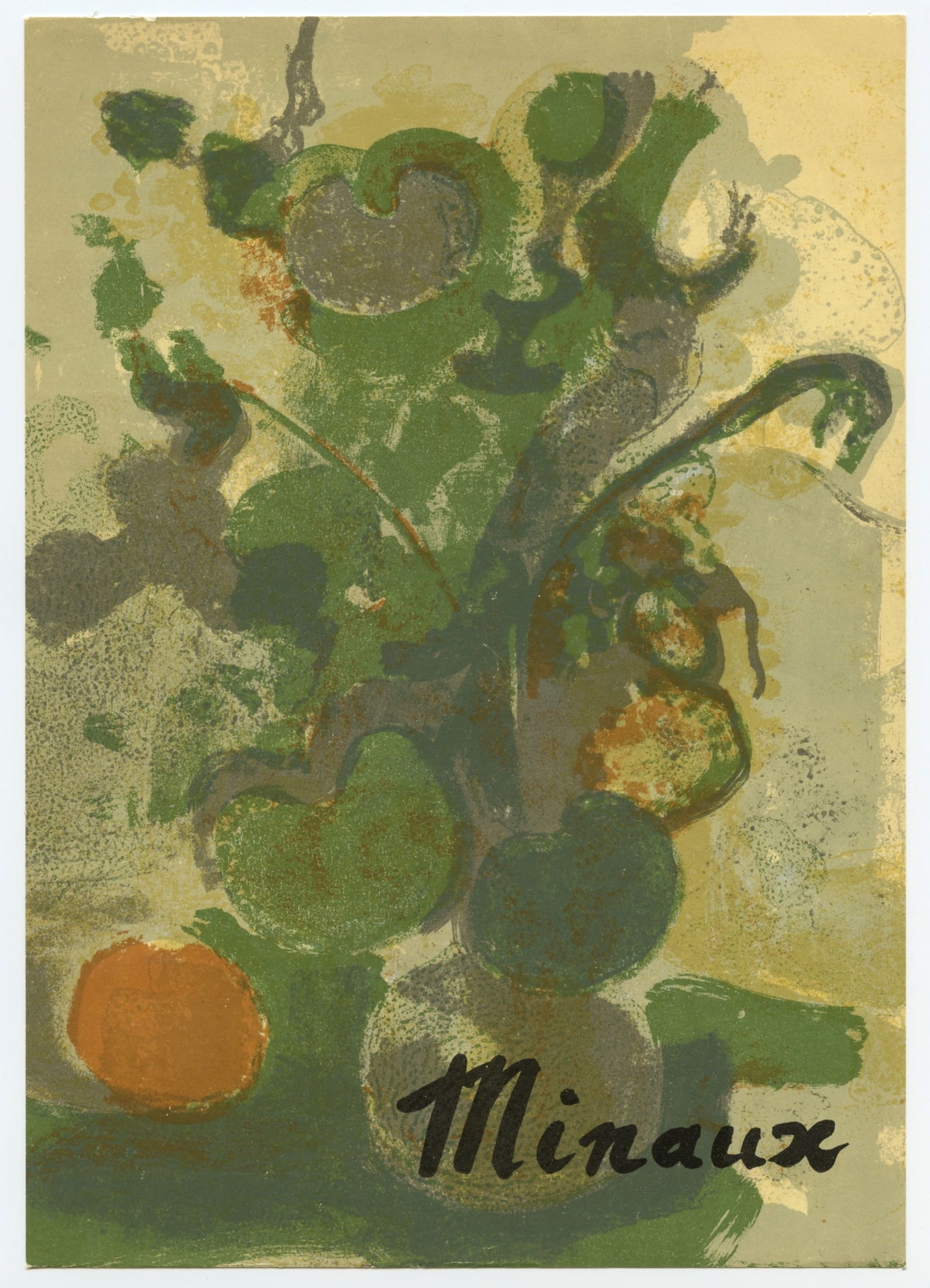 Andre Minaux original lithograph "Nature morte": Medium: original lithograph. Printed in Paris in 1962 by Mourlot Frères for the front cover of a scarce catalogue. Size: 10 x 7 inches (255 x 180 mm). Please note, this listing is for the front c