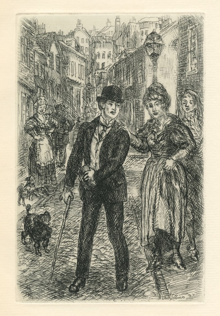 John Sloan original etching | Of Human Bondage: Medium: original etching. Executed by John Sloan to illustrate the Somerset Maugham classic "Of Human Bondage" and issued in 1938 in a limited edition of 1500 by the Yale University Press for members