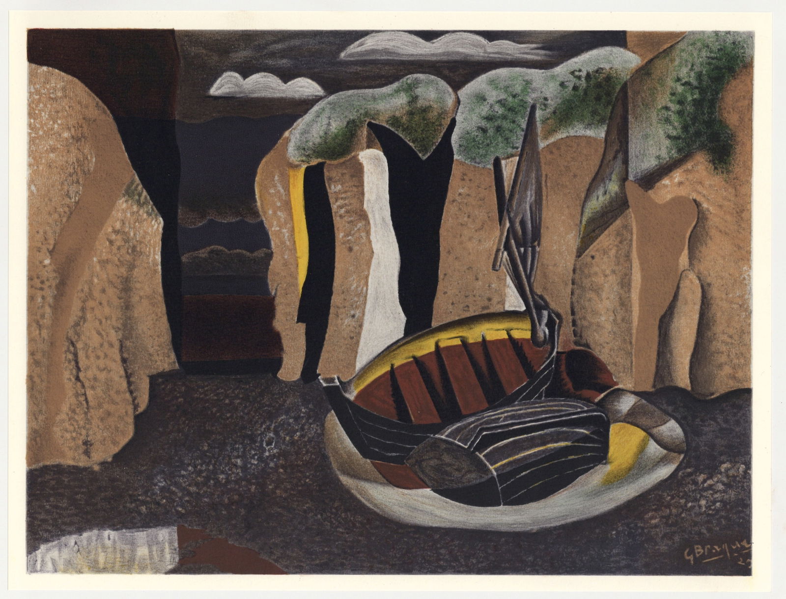 Georges Braque lithograph "Les falaises": Medium: lithograph (after the painting). Printed in 1968 by L'Imprimerie Arte and published by the atelier Maeght for the Varengeville portfolio. Size: 10 1/2 x 13 3/4 inches (265 x 350 mm). This work