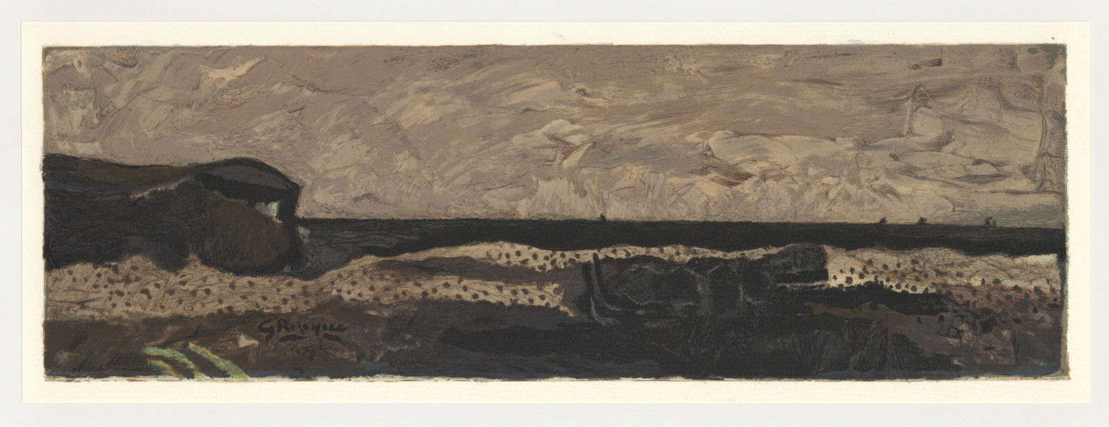 Georges Braque lithograph "La plage de Varengeville": Medium: lithograph (after the painting). Printed in 1968 by L'Imprimerie Arte and published by the atelier Maeght for the Varengeville portfolio. Size: 5 x 13 3/4 inches (125 x 350 mm). This work was