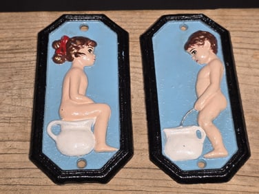 7" Cast Iron Funny Boy Girl Bathroom Signs