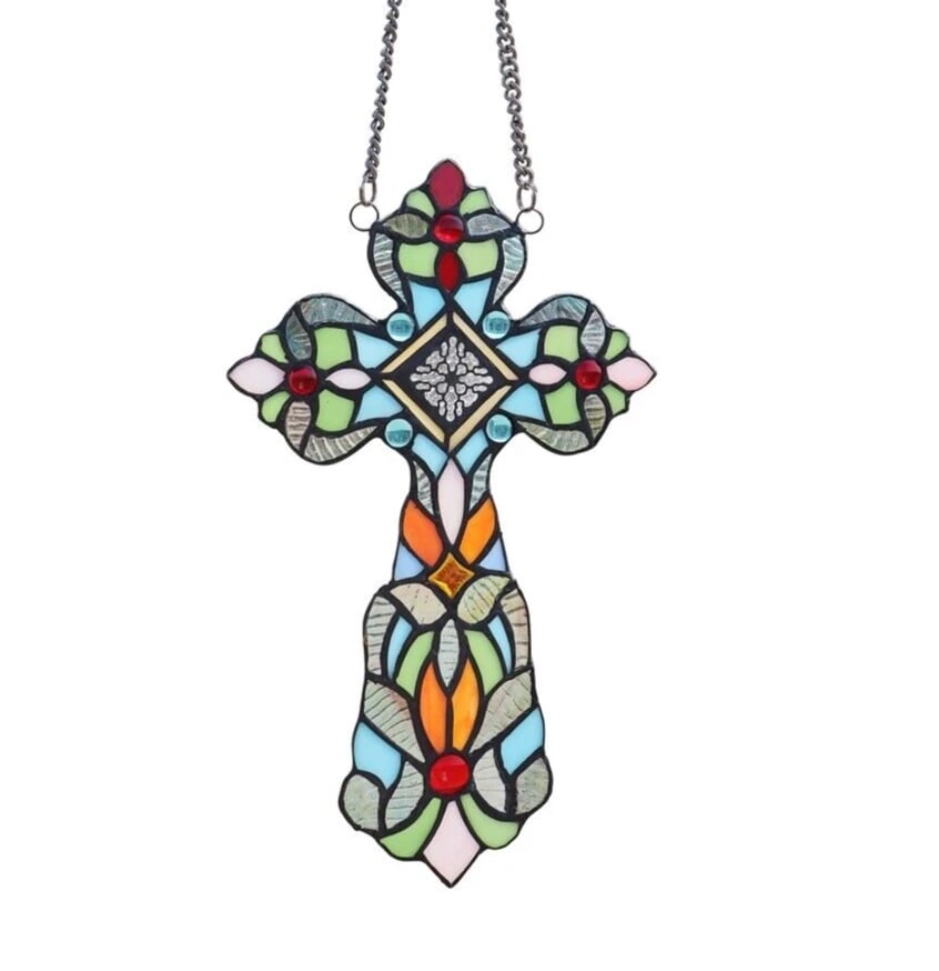13" Stained Glass Cross Window Hanging Panel Suncatcher (1 of 7)