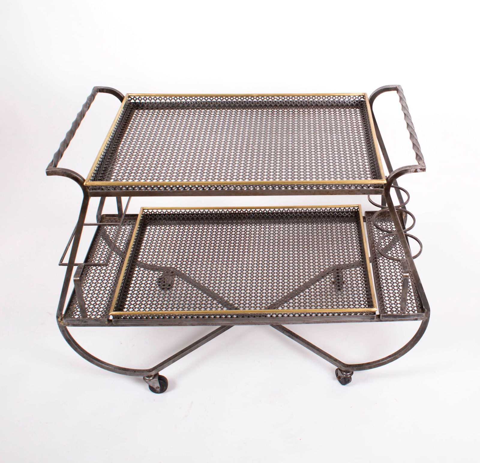 FRENCH MODERNIST ROLLING BAR TROLLEY MATEGOT Mid century serving table rigitulle: French modernist trolley made in the 1950's by Mathieu Mategot , it is made with his trademark bent metal rigitulle adding awhimsical effect .He designed furniture and object for a short time , in 196