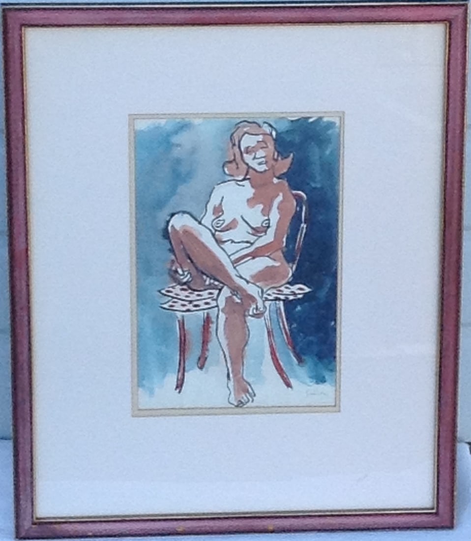 Arthur Secunda (b. 1927)"Seated Figure" Gouache Painting: Artist: Arthur Secunda. (B. 1927) Gouache painting on paper. Rare unique Secunda at his best. Dimensions: framed: 21 1/4" x 17 1/4". Image sight: 11 1/2" x 7 1/2" Framed with glass. Fouding editor of