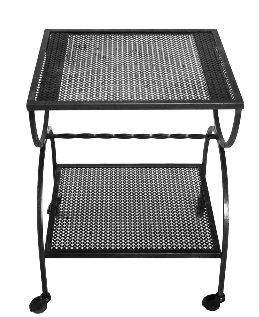 FRENCH MODERNIST ROLLING CART MATEGOT MIDCENTURY: Made in the late 1950's or early 1960's this rolling cart simple proportion make this piece a perfect example of sleek French modernism by Mathieu Mategot , it is made with his trademark perforated an