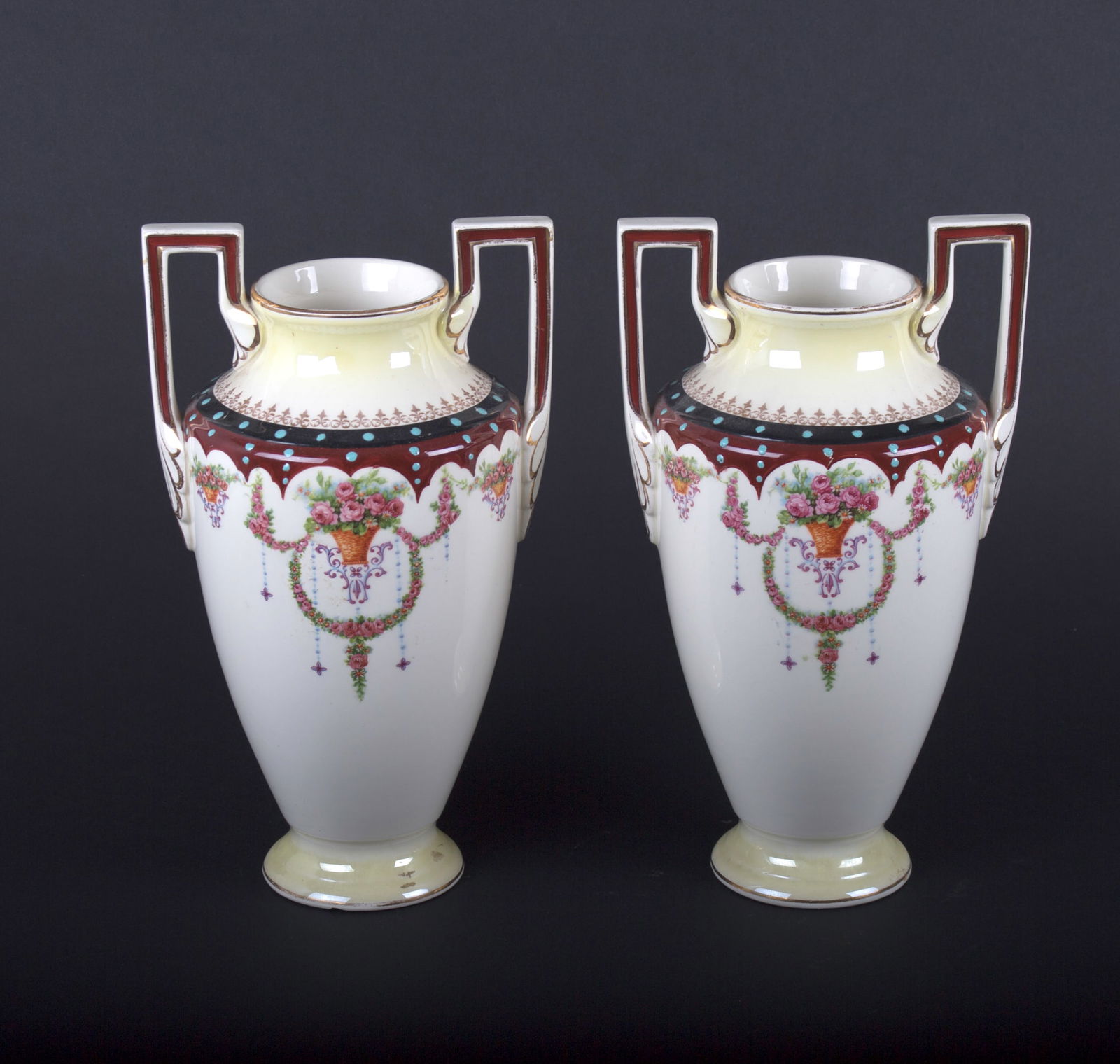 CHARLES CATTEAU BOCH FRERES art deco ceramics vase sevres: CHARLES CATTEAU (1880-1966) & BOCH FRERES art deco ceramics vase sevres ,Pair of porcelain vases ," urne " in the style of Sevre .Gold applied with some enamel marking and decal flowers .Those are a t