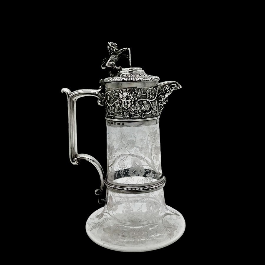 19th Century Antique Victorian Silver Claret Jug Birmingham 1881 Frederick Elkington: Title:19th Century Antique Victorian Silver Claret Jug Birmingham 1881 Frederick Elkington Description:Description Wonderful sterling silver mounted crystal bottomed claret jug decorated with stunning