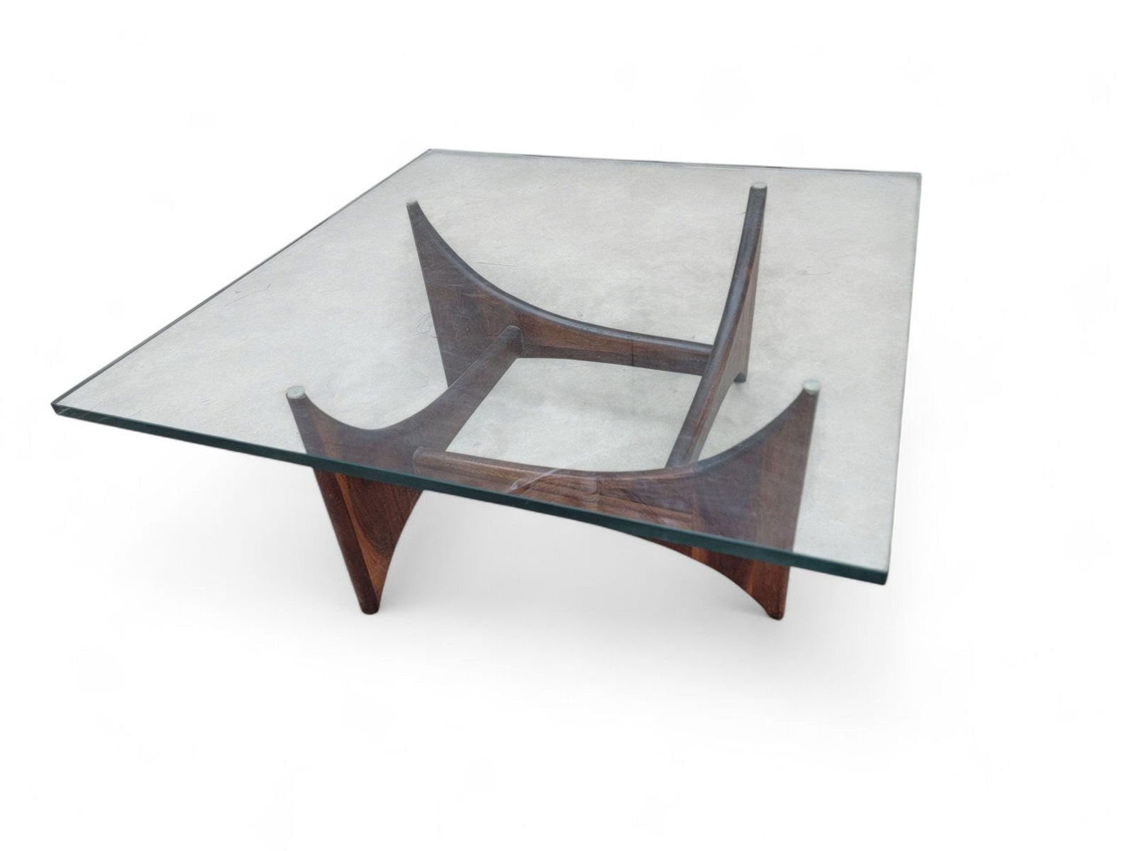 Mid Century Modern Adrian Pearsall Walnut Square Fin Base Glass Top Coffee Table (1 of 6)