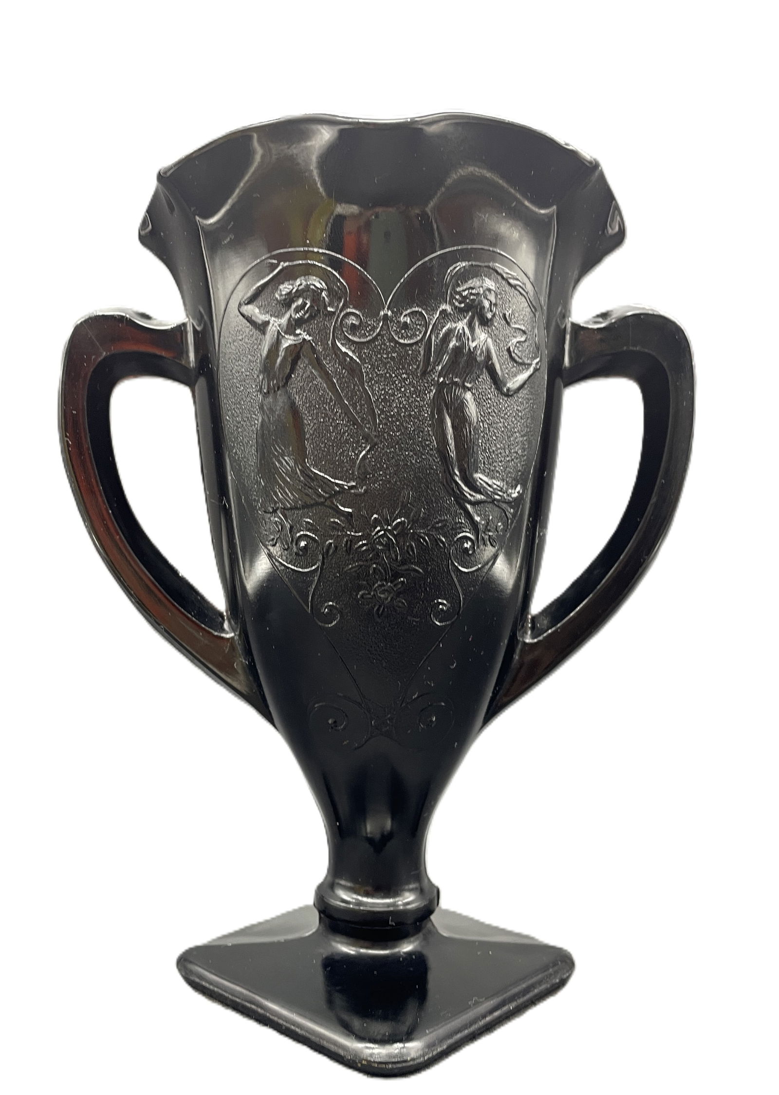 Vintage L.E. Smith Black Amethyst Glass Trophy Vase Urn Embossed Heart & Nymphs (1 of 8)