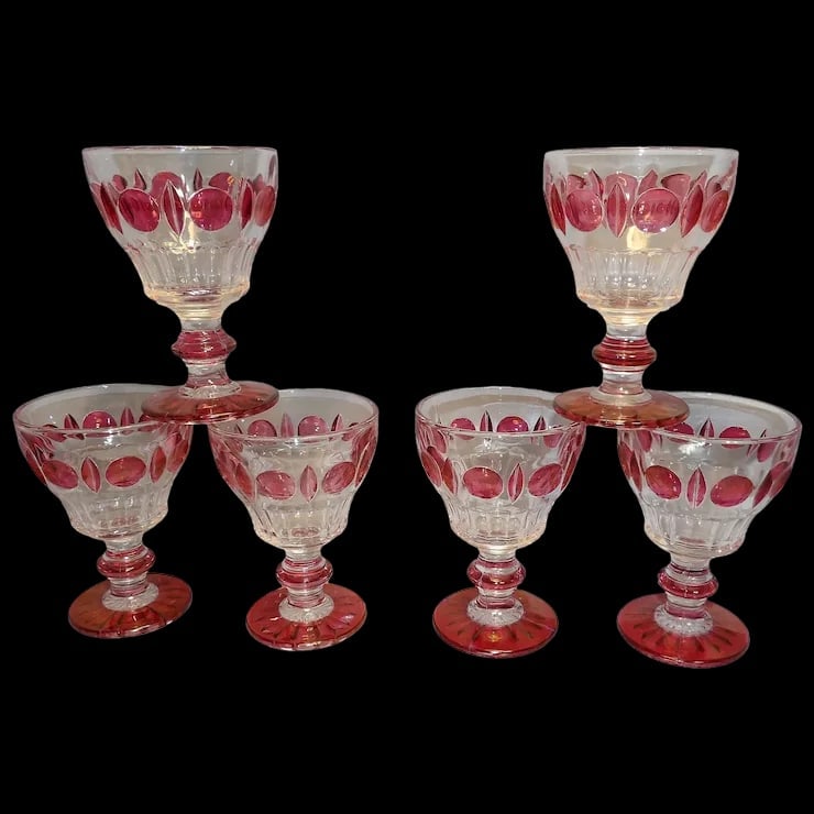 Indiana Glass Colony Classique Ruby Flashed Glasses: This set of 6 Indiana Glass Colony Classique Ruby Flashed glasses are in excellent condition. Flashing is excellent, no chips or cracks. They measure 5 ½” x 3 ¾” and hold 8 oz. c