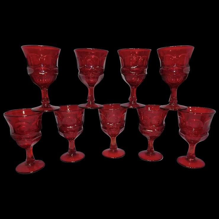 Fostoria Argus Ruby Red Footed Water Goblets: This set of 8 Fostoria Argus Ruby Red Footed Water Goblets are in excellent condition. They come with one extra glass which is also in excellent condition. NO chips, cracks or flea bites. They measure