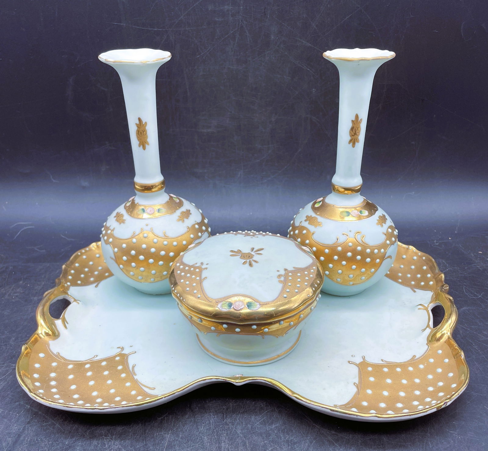 Vintage Lenwile Ardalt Japan Dresser Set Blue and Gold Box Tray Perfume Bottles (1 of 8)