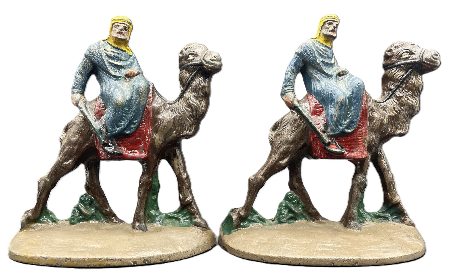 Antique CAST IRON ARABIAN MAN RIDING CAMEL BOOKENDS #418 Hubley Bedouin: Date/Period: approx 1920-30's's Dimension: approx 6 x 5 x 2.25 Material: metal Additional Information: CAST IRON ARABIAN MAN RIDING CAMEL BOOKENDS #418 Hubley Shipping: Domestic: Flat-rate of $16.00 t