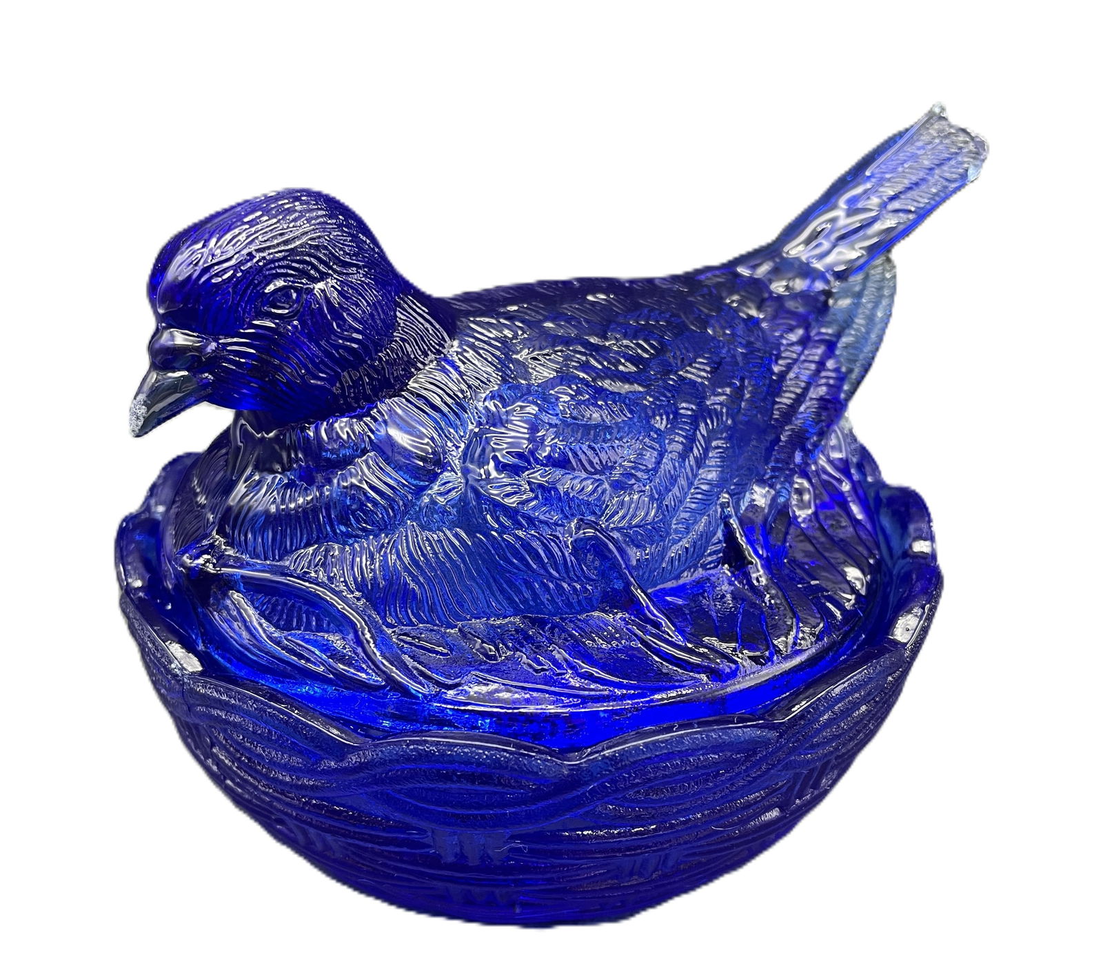 Vintage Cobalt Glass Bird on Nest Candy Dish Dove Marked "H" (1 of 8)
