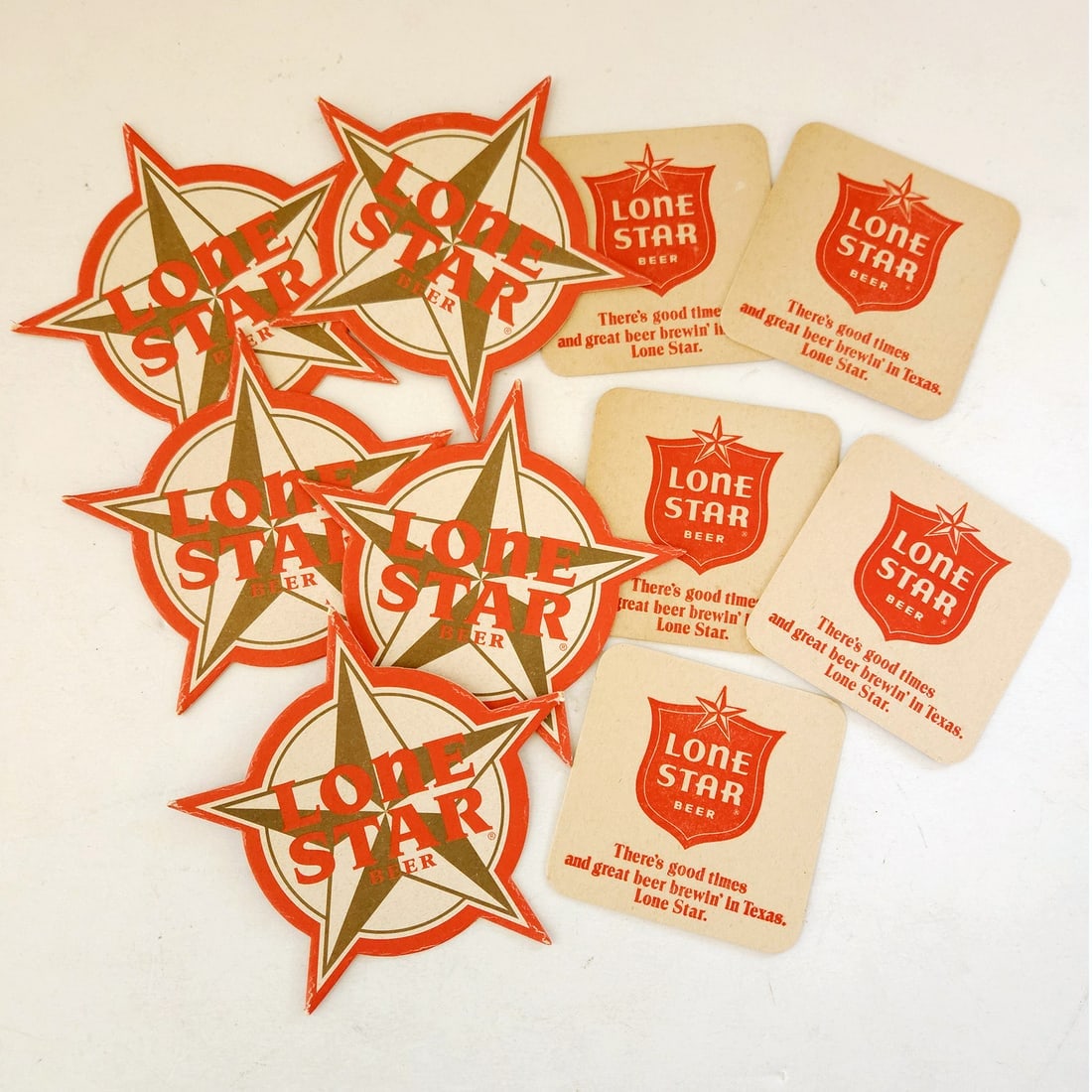 Lone Star Beer Coasters 2 sets of 5: Title: Lone Star Beer Coasters 2 sets of 5 Description: Lone Star Beer Coasters 2 sets of 5 Date/Period: 1980's Dimension: 3.375x3.375" Materials: paper fibre Additional Information: Lone Star Beer Co