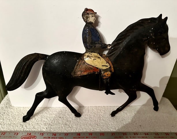 Full-Bodied Painted Tin Horse & Rider: A very elegant, full-bodied painted tin Horse and detachable Rider.I am told that this horse/rider was originally attached to a wheeled base and was a pull toy! It sure has a “presence” ab