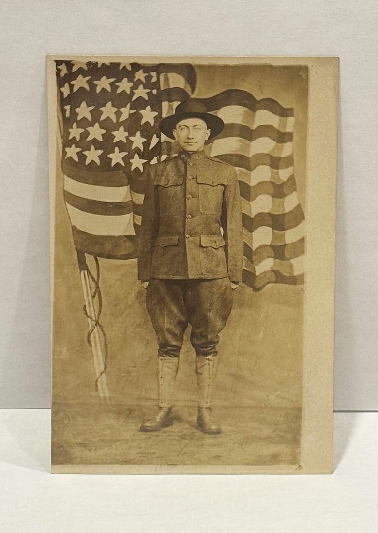 Soldier w American Flag Photo Postcard (1 of 2)