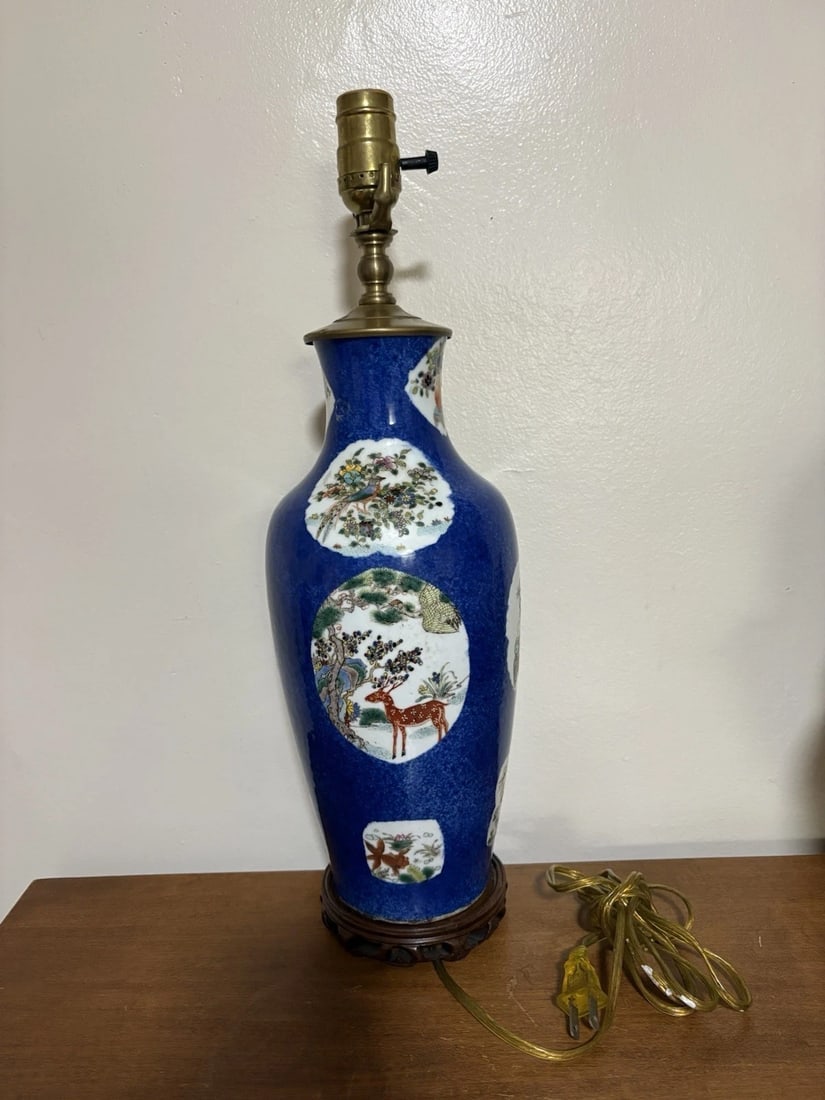 Late 19th Century Chinese Porcelain Lamp: The lamp is 19 1/4” high and the vase is 13 1/4” high. It dates around the 1880’s. The lamp is a vase that was converted into a lamp and it is in working condition. It is being sold
