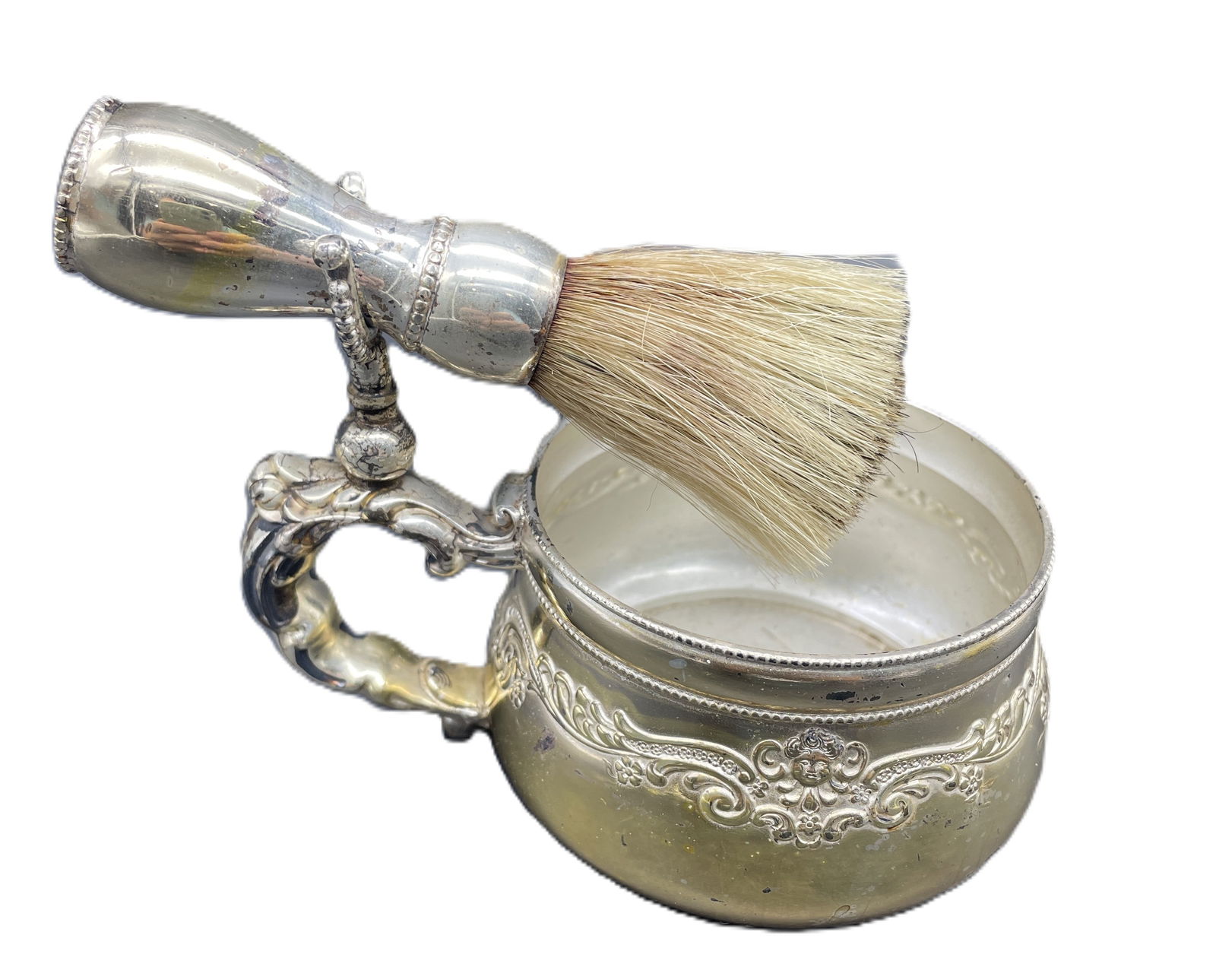 Antique Victorian Derby Silver Co. Quadruple Plate Shaving Mug Cup With Brush (1 of 8)