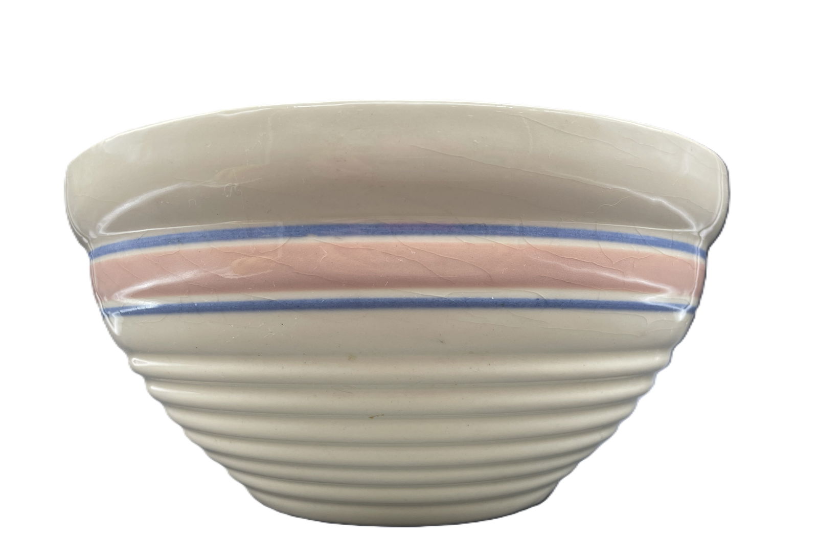MCCOY MIXING BOWL PINK & BLUE: Date/Period: Dimension: approx. 9.5" Material: yellowware Additional Information: MCCOY POTTERY PINK & BLUE BANDED STRIPED MIXING BOWL Shipping: Domestic: Flat-rate of $14.00 to anywhere within the co