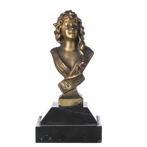 BUST OF A GIRL: Description: BUST OF A GIRL. Europe, 19th century bronze sculpture, with marble base, signed 'J. GARNIER'. Height: 21 cm. Date/Period: Before 1890 Materials: Bronze, Marble Reserve: $327.00 Shipping: