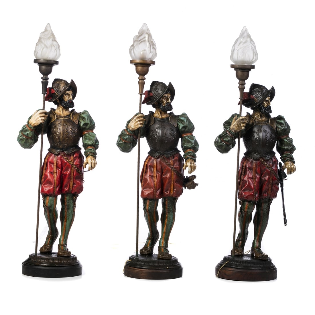 THREE SOLDIERS: Description: THREE SOLDIERS. French, 20th century, masonry, polychrome decoration. Adapted to a lampshade. Small. Height: 85 cm. Date/Period: 1890 to 1919 Materials: Metal Reserve: $2,452.00 Shipping: