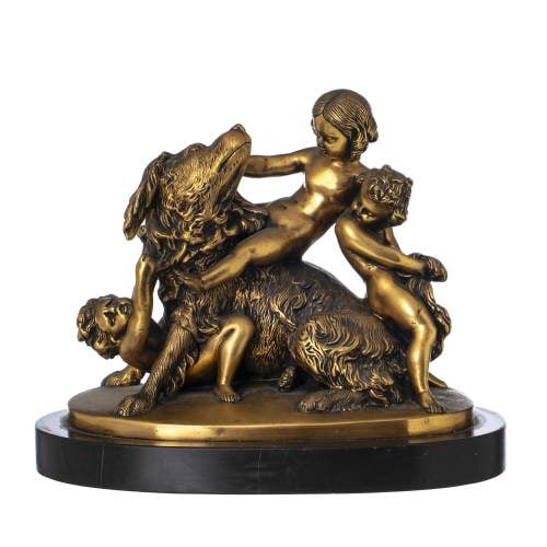 EDOUARD DROUOT (1859-1945): Description: EDOUARD DROUOT (1859-1945). Gilded bronze sculptural group, supported by a black marble base. Signed. Dimensions: 27 x 33 cm Date/Period: Before 1890 Materials: Bronze, Marble Reserve: $1