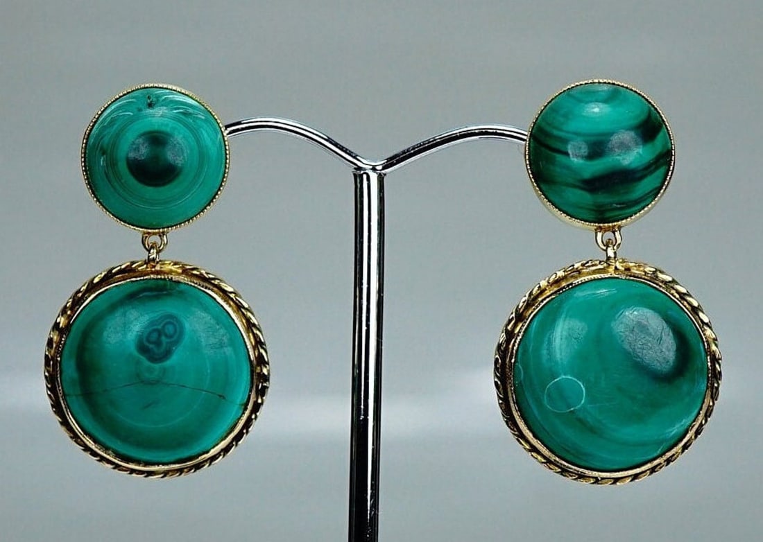 Antique Victorian Gold Malachite Dangle Stud Earrings: Title: Antique Victorian Gold Malachite Dangle Stud Earrings Description: Stunning antique Victorian era solid yellow Gold and malachite dangle earrings. Measurements: total length 35mm (1,37") diamet