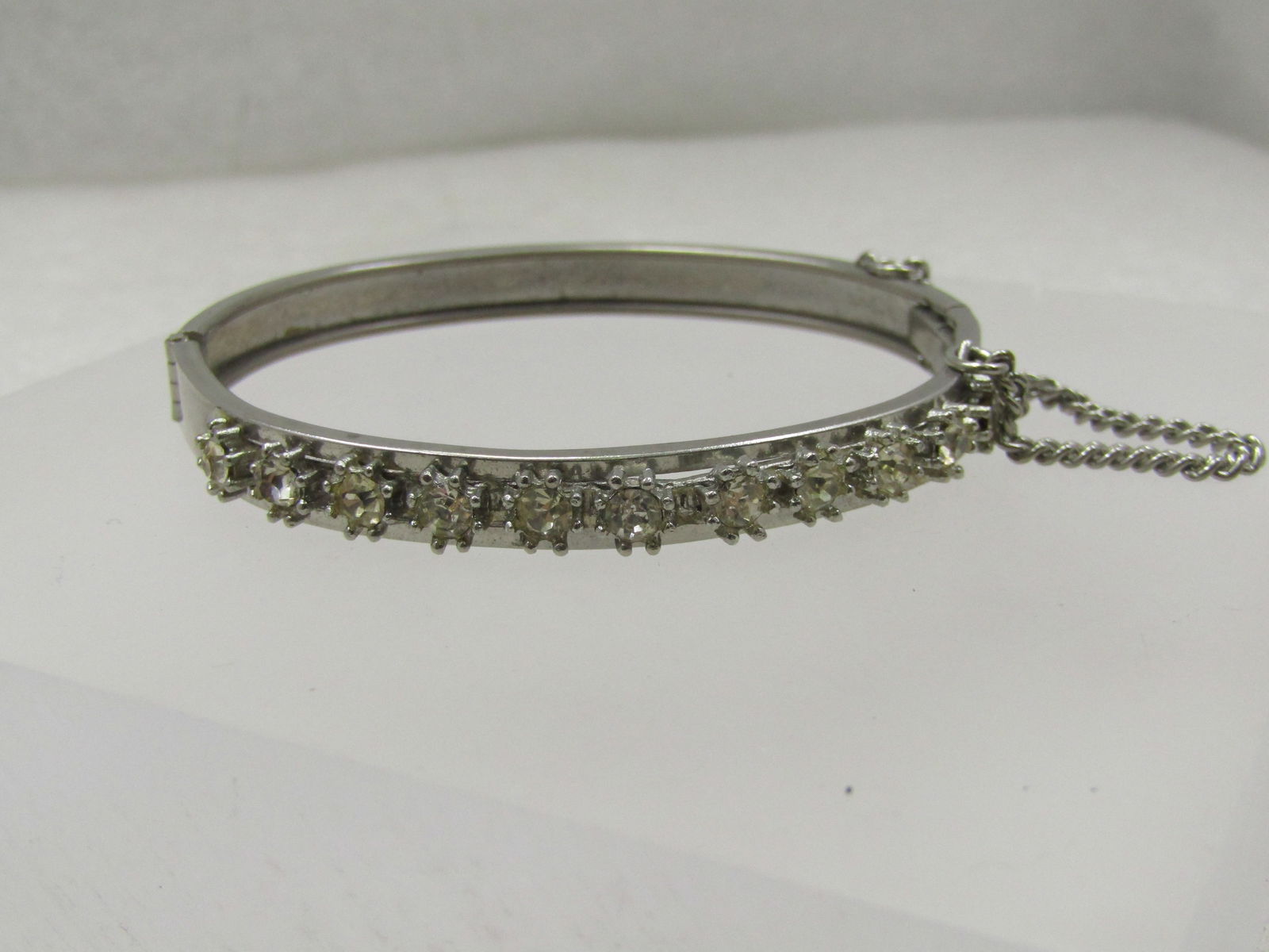 Vintage Rhinestone Hinged Bangle Bracelet, 6.75", Safety Chain (1 of 7)