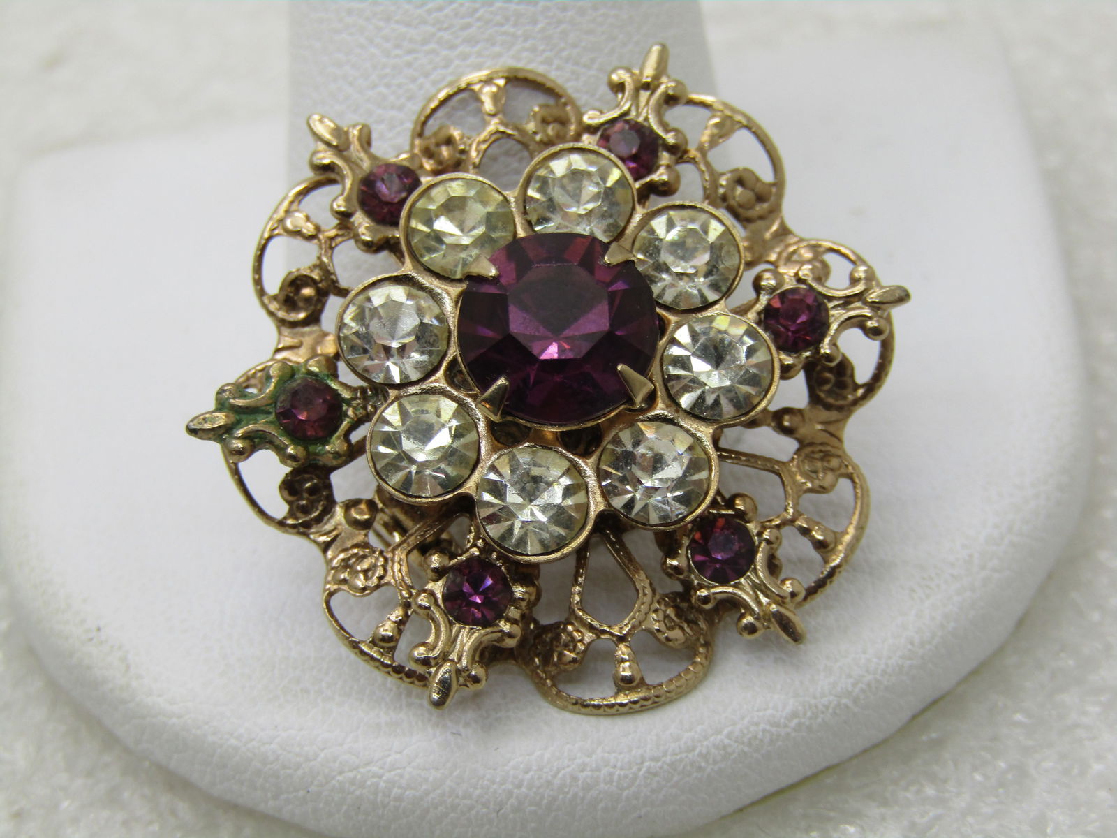 Vintage Purple and Clear Rhinestone Brooch, Fleur-de-Lis Accents, Victorian themed 1" NL (1 of 5)