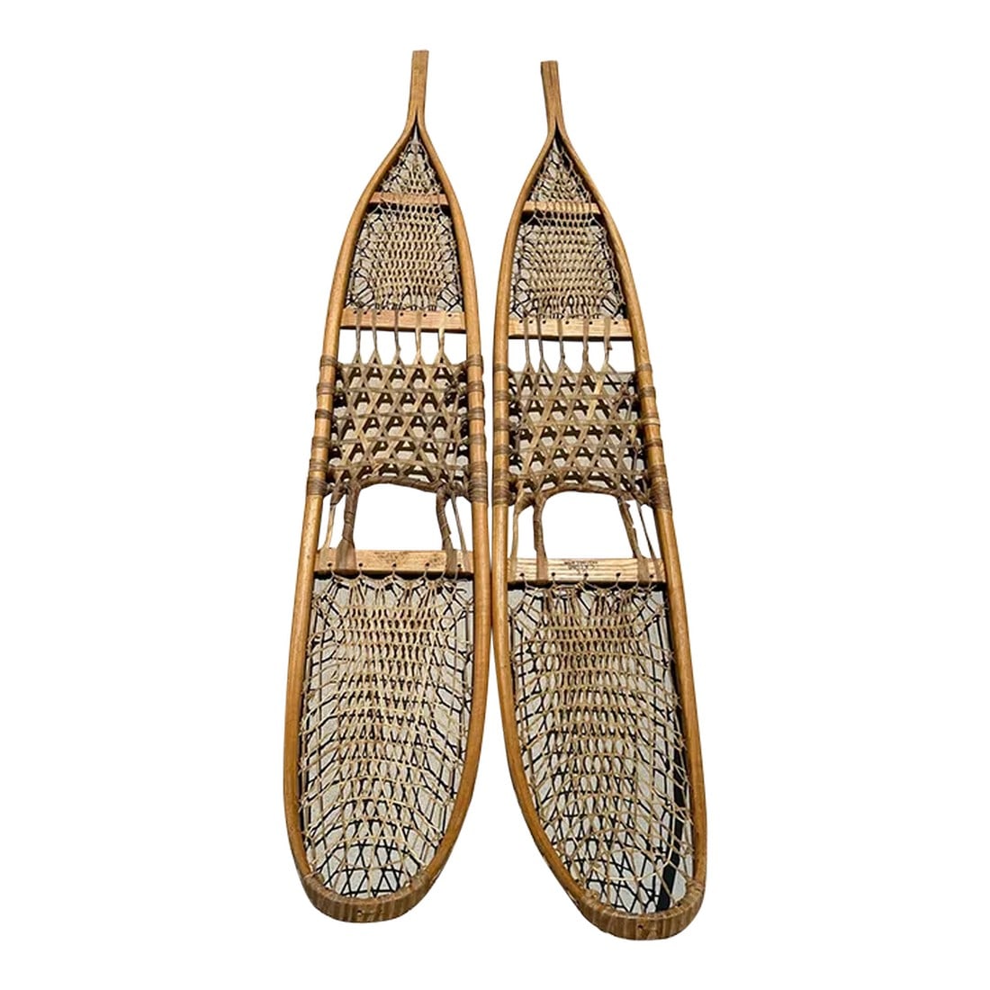 Vintage 1940's Wood Snow Shoes-A Pair: Vintage pair of Wooden Snow Shoes made with leather. Perfect for a cabin decor. Marked U.S. c.a. lund Hastings, minn 1943 56in x 10in w x 1in Condition: Alterations: Original Condition Unaltered Imper