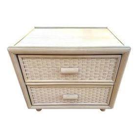 Vintage Coastal Woven Rattan 2 Drawer Nightstand