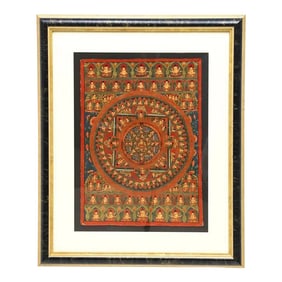 1950s Hand Painted Tibetan Buddhist Mandala Thangka on Cloth, Framed