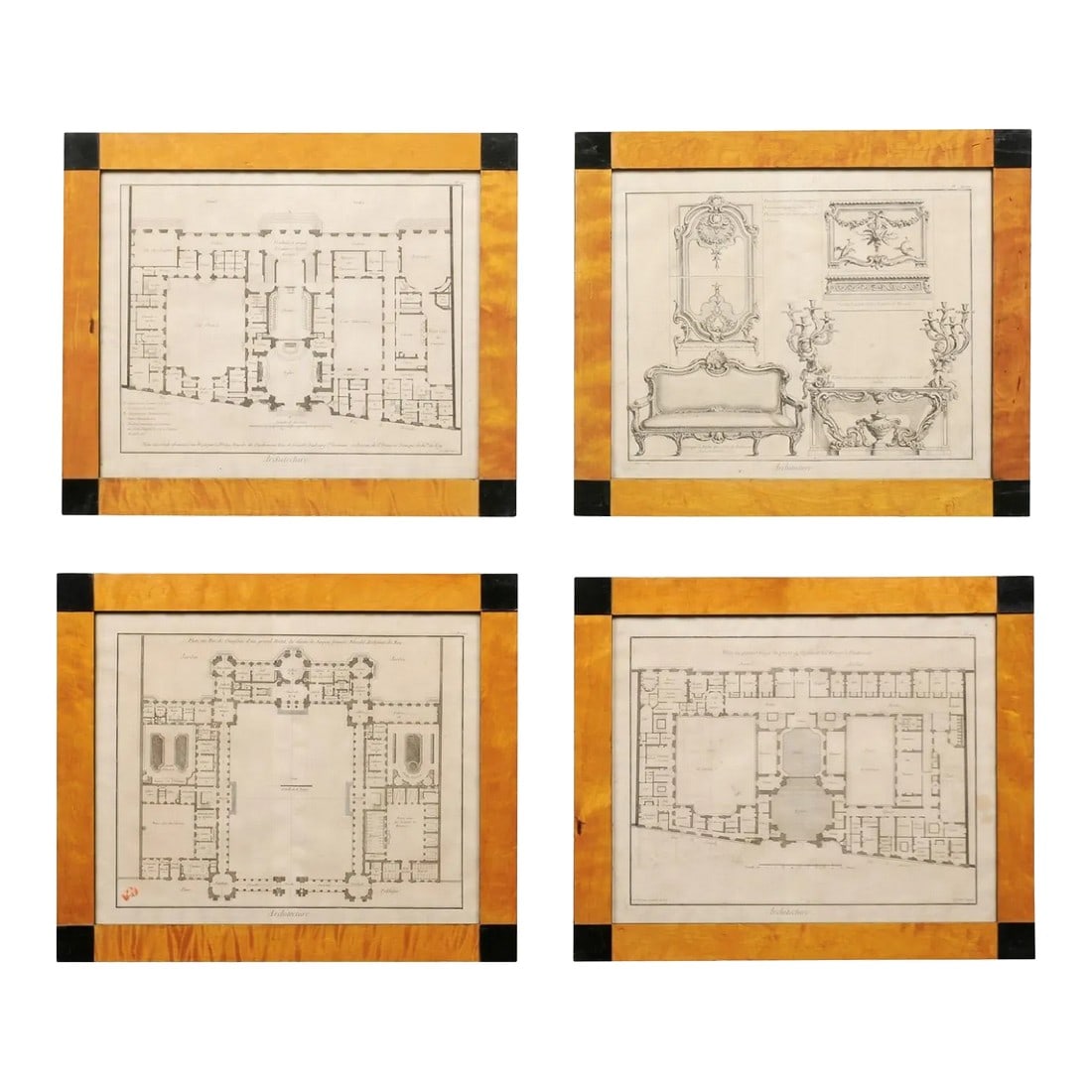 Swedish 19th Century Architectural Etchings - 4 Pieces: A collection of four Swedish architectural design etchings in period Karl Johan frames from the 19th century. This antique set of framed wall art from Sweden features a collection of architectural, ga