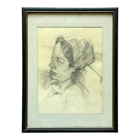 Mid 20th Century Vintage Pencil Sketch of Woman in Hat