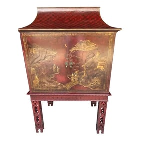 1960s Mid Century Red Chinoiserie Pagoda Style Drinks Cabinet